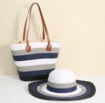 Straw Woven Beach Bag (Kiondo) with With A Matching Hat -White, Navy Blue & Grey