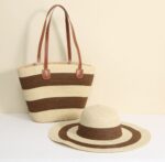 Straw Woven Beach Bag (Kiondo) with With A Matching Hat - Brown & Cream
