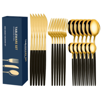 24 -Piece Matte Black and Gold Flatware Set