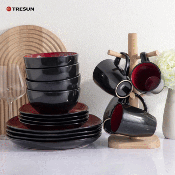16 Pcs Glossy Red Black Modern Tableware Stoneware Ceramic