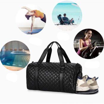 Black Quilted Vegan Leather Duffel Bag With a Shoe Compartment. 